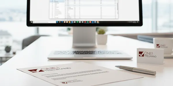 Ausschnitt eines Laptops und Treuhand Dokumente auf einem Schreibtisch