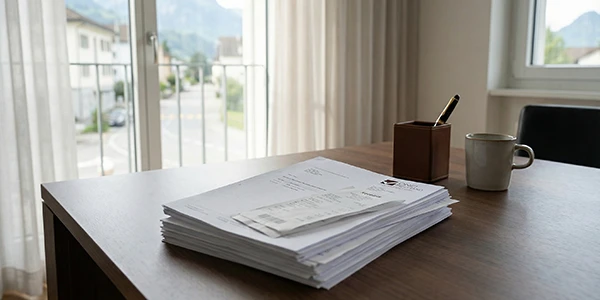 Ein ordentliches Büro mit Steuerunterlagen und Kaffeetasse symbolisiert effiziente Treuhand- und Steuerberatung.