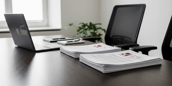 Ein modern eingerichtetes Büro für Steuerberatung, mit Akten auf dem Tisch, bietet professionelle Treuhand-Dienstleistungen.