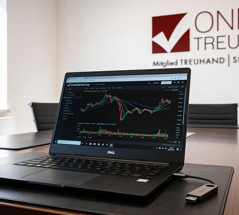 In einem modernen Treuhand-Büro wird auf einem Laptop die Finanzanalyse optimiert. Ideal für Steuerberatung.