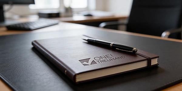 Ein elegantes Notizbuch mit Stift auf Schreibtisch, ideal für Steuerberatung und Treuhand, vermittelt Professionalität.