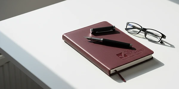 Ein Notizbuch und Brille auf einem Schreibtisch symbolisieren effiziente Steuerberatung und organisierte Treuhanddienste.