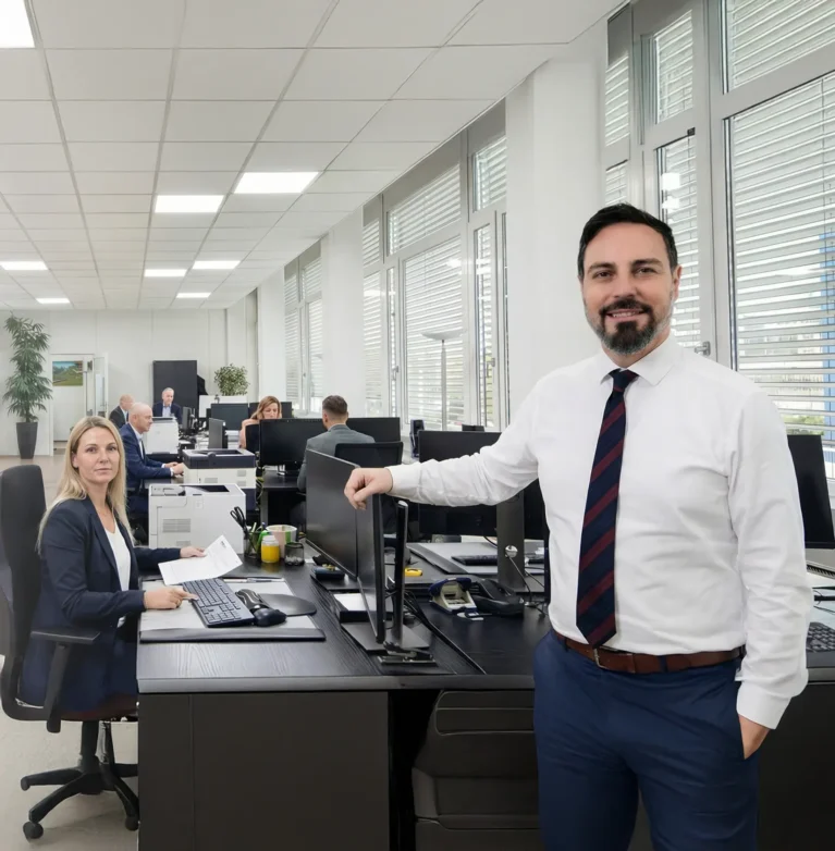 Ein professionelles Team im modernen Büro, fokussiert auf Treuhand-Services und Steuerberatung, bereit zur Unterstützung.