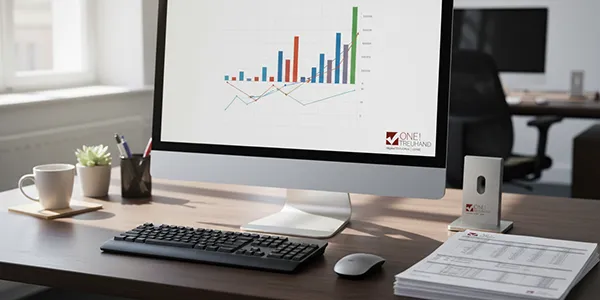 Ein modernes Büro zeigt einen Computerbildschirm mit Diagrammen zur Finanzanalyse, ideal für Treuhand-Dienstleistungen.