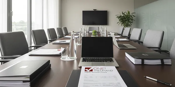 Konferenzraum für Steuerberatung: Effiziente Treuhandlösungen werden in einer modernen Büroatmosphäre besprochen.