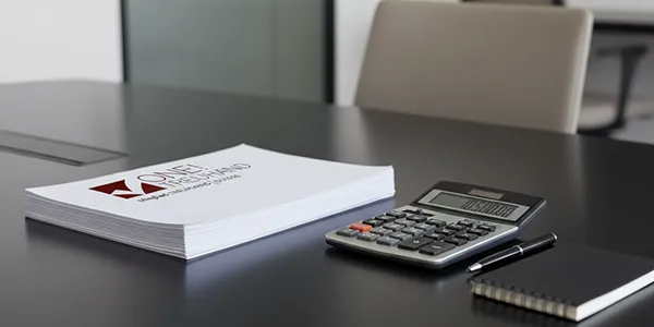 Ein professioneller Arbeitsplatz mit Finanzunterlagen und Taschenrechner, ideal für Steuerberatung und Treuhand-Dienstleistungen.