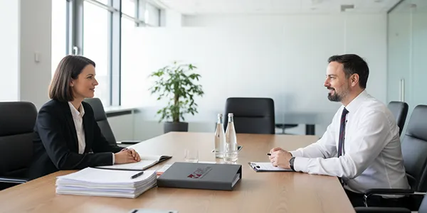 In einem modernen Büro besprechen zwei Personen Steuerstrategien und Treuhandlösungen effizient am Konferenztisch.
