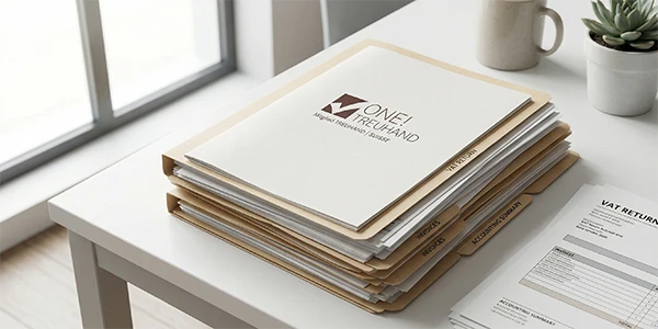 Ein ordentlicher Stapel Akten auf einem Schreibtisch symbolisiert umfassende Treuhand-Dokumentationen und Steuerberatung.
